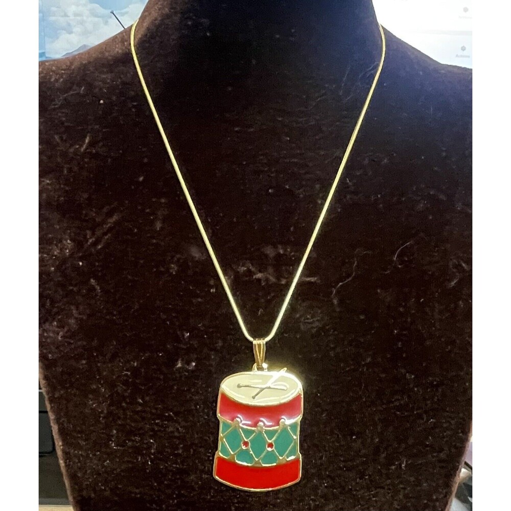 Vintage Wallace Silversmiths Enamel Christmas Drum Pendant W/New Gold Tone Chain